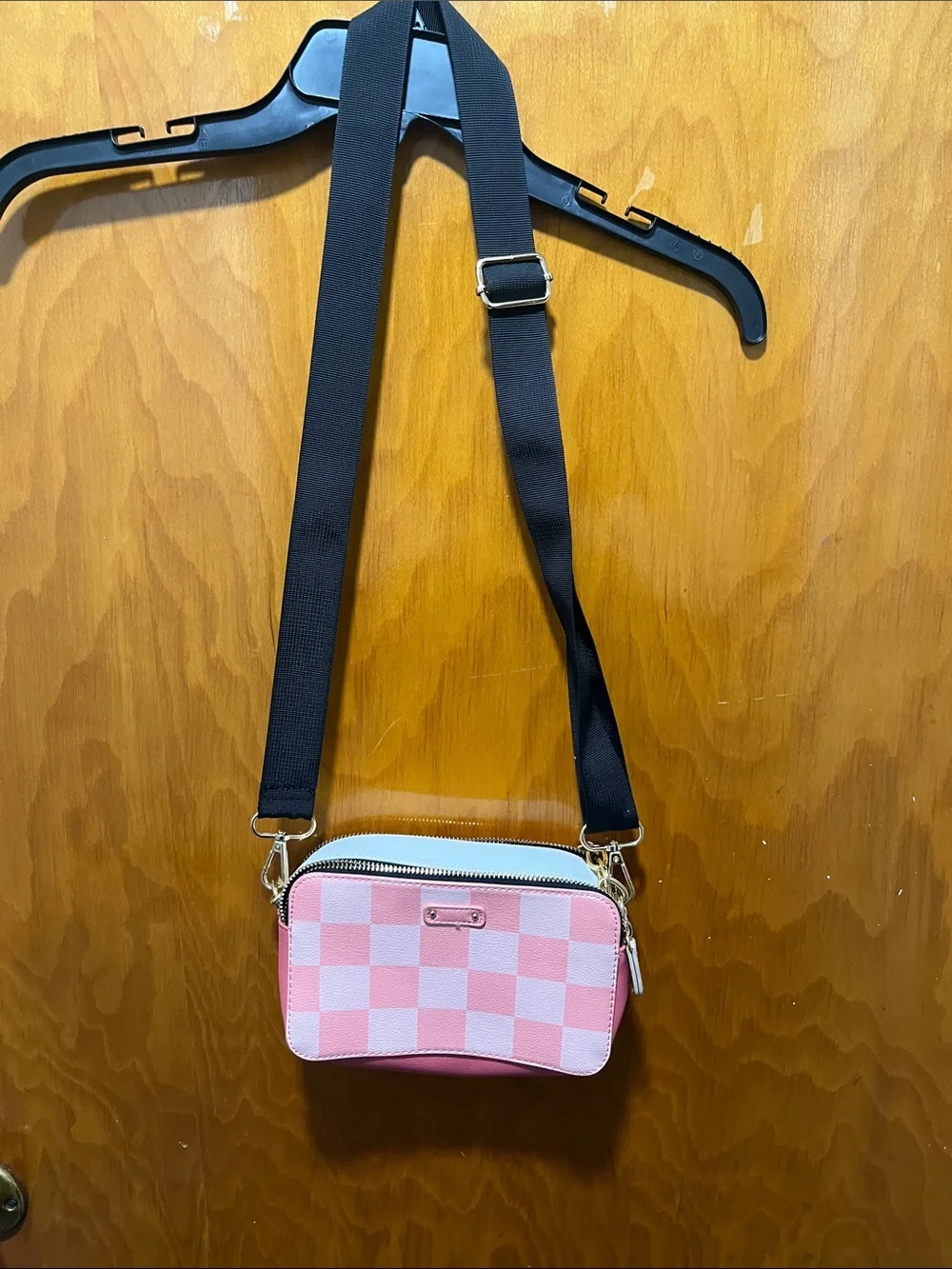 Pink Checkered Crossbody Bag with Adjustable Black Strap